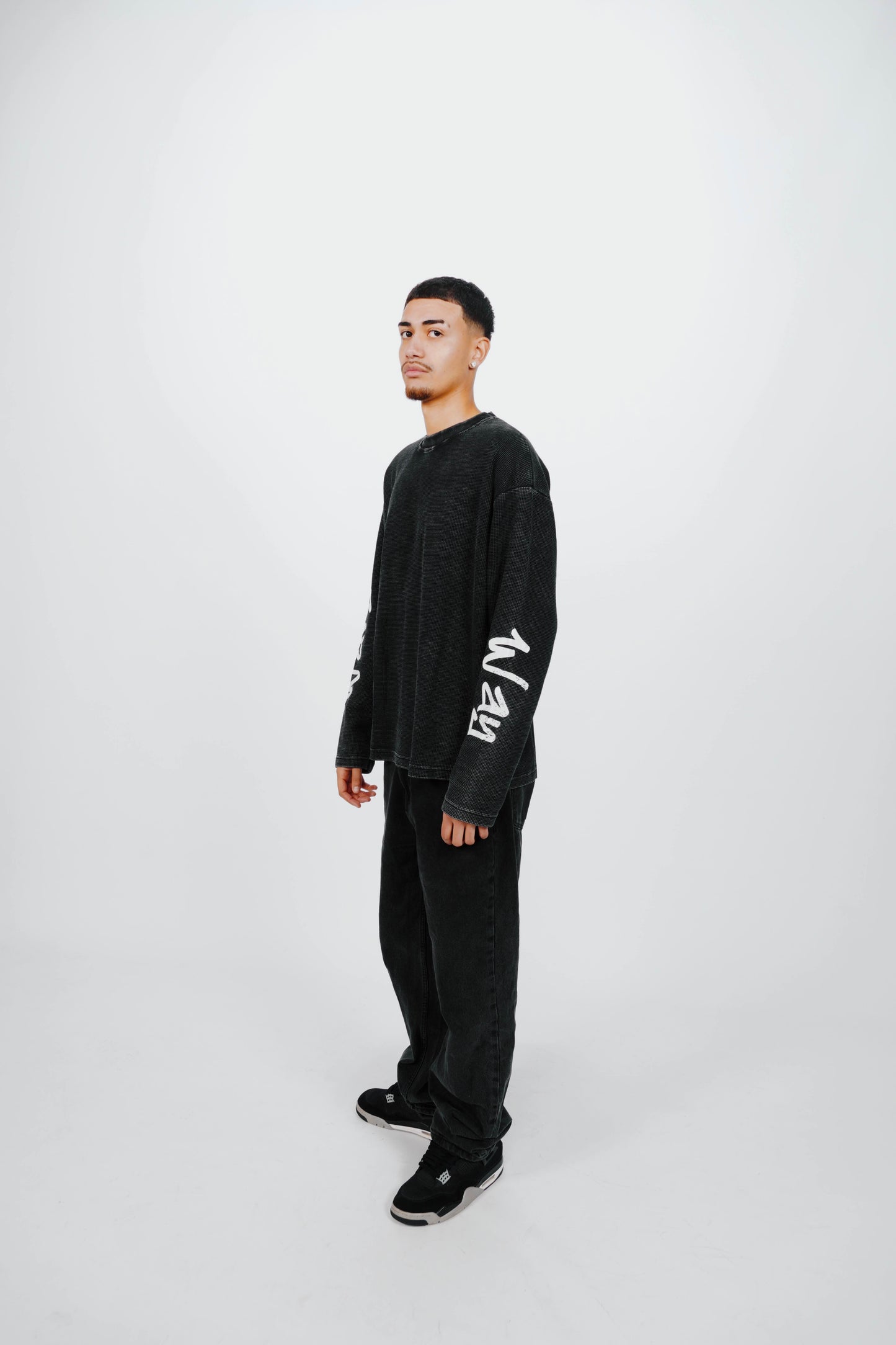 "Distressed" Waffle Knit Longsleeve - Black