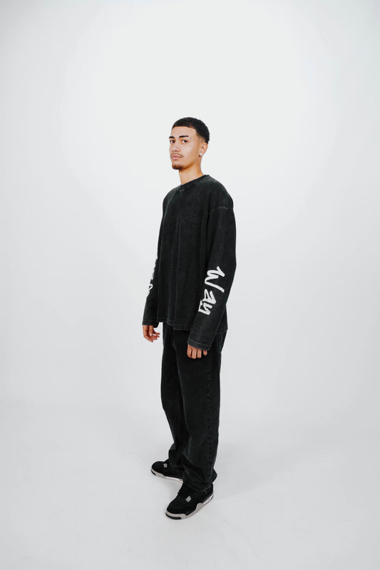 "Distressed" Waffle Knit Longsleeve - Black