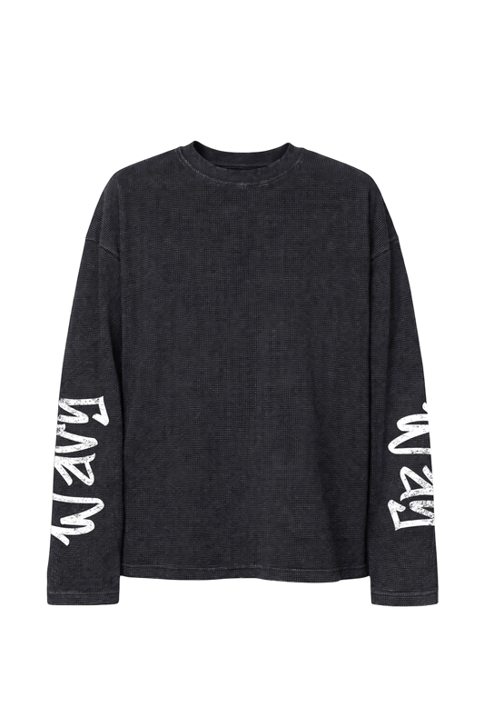 "Distressed" Waffle Knit Longsleeve - Black